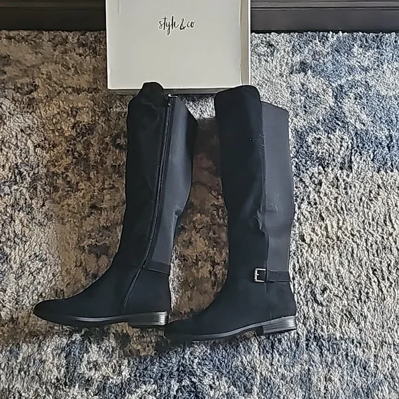 NIB Style & Co Black Flat Knee High Wide Calf Boots - Picture 2 of 3